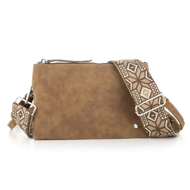 Camel schoudertasje met croco print en twee schouderbanden
